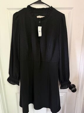 LOFT Black Long Sleeve Textured A-Line Dress